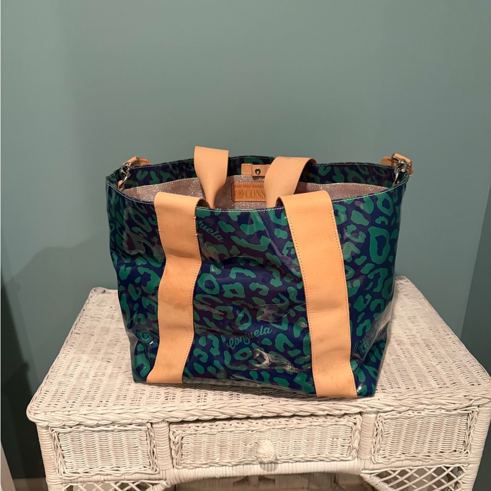 Consuela Leopard Print Tote in Blue and Green